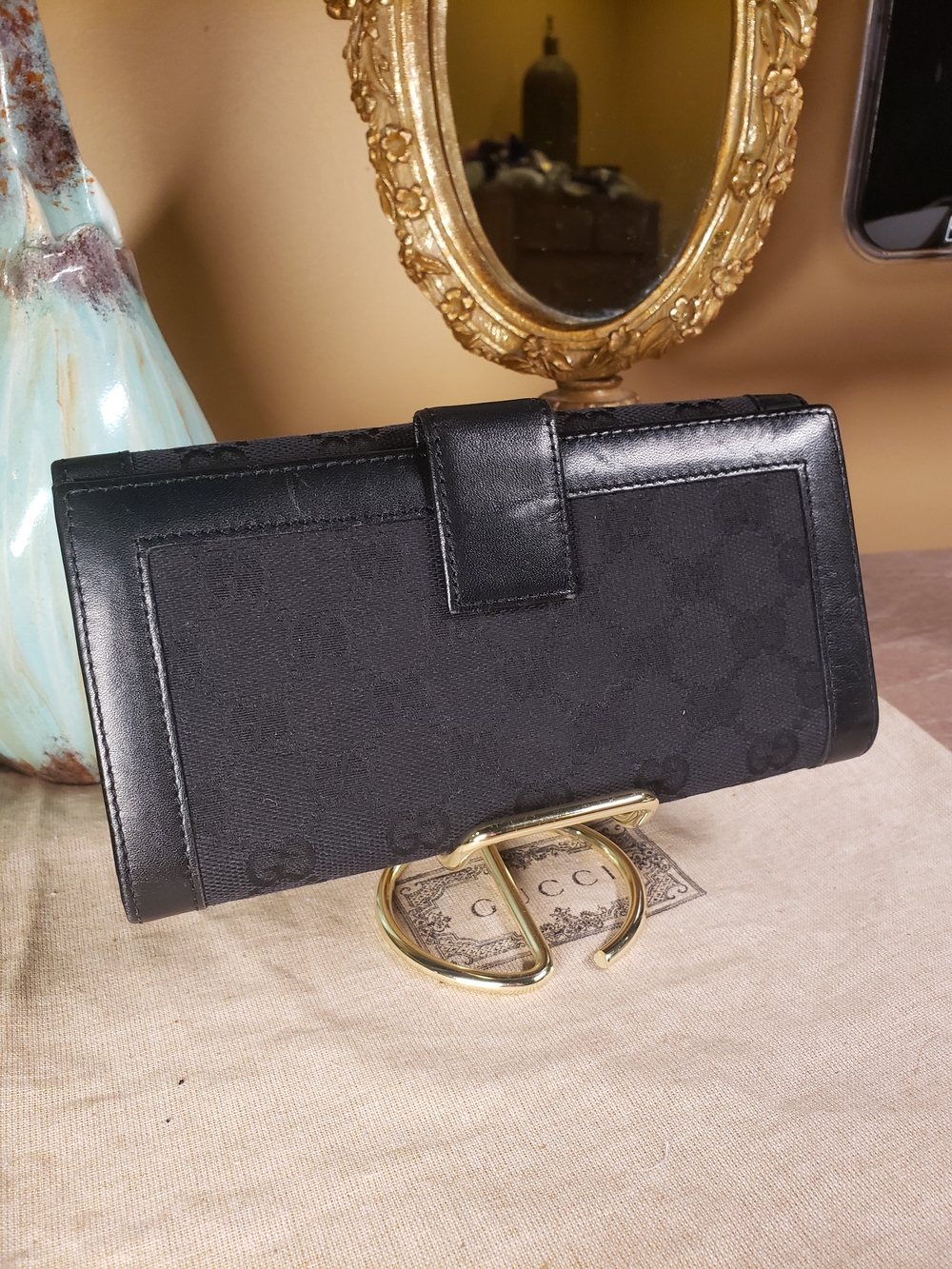 Gucci Black GG Canvas Continental Wallet w/ Gold Horsebit Plaque (Retail $650) - Picture 5 of 12